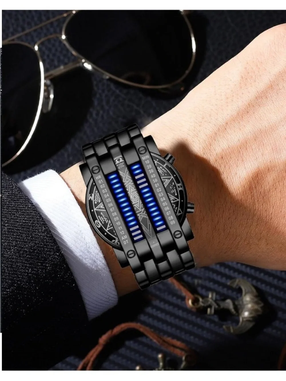Men's Black Blue Analog Quartz Bracelet Waterproof Binary Matrix Digital Watch